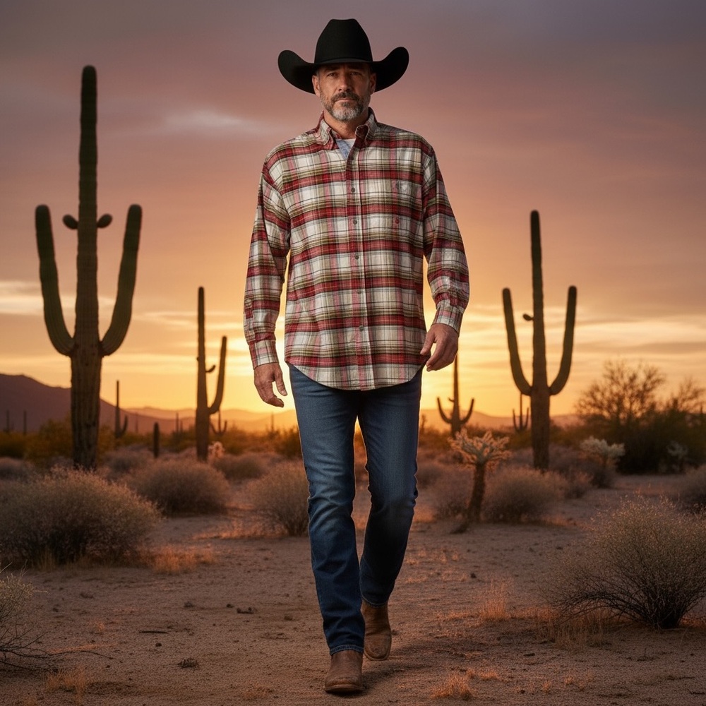 Wrangler 20X Men’s Plaid Button-Down Shirt Red Tan Western Style Size M